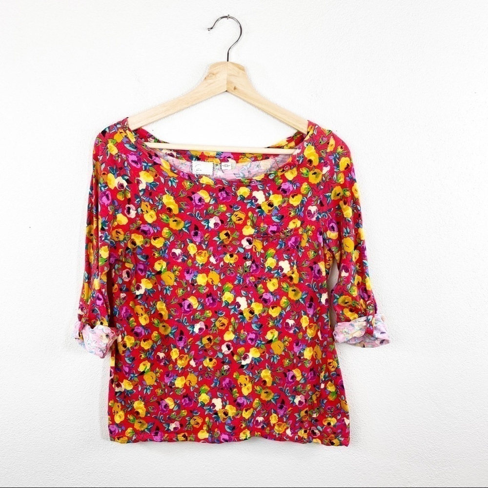 Anthropologie Postmark Red Floral 100% Cotton Top